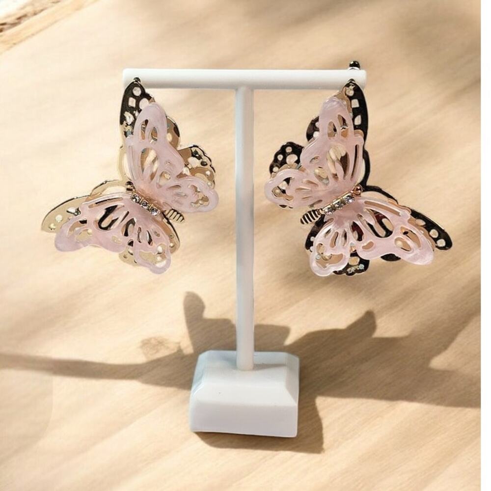 Pink Butterfly Earrings Gold Filigree Layered Cottagecore Modern Romantic